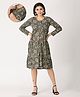 The Mom Store Cotton Full Sleeves Leaves Printed Shirt Style Maternity Dress With Zipless Nursing Access - Olive Green