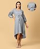 The Mom Store Cotton Three Fourth Balloon Sleeves Striped Maternity Dress With Nursing Access - Grey