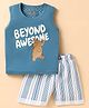 Mini Taurus Cotton Knit Sleeveless Tank T-Shirt & Striped Shorts Set with Elephant Print - Teal Blue