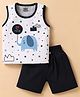 Mini Taurus Cotton Knit Sleeveless Tank T-Shirt & Shorts Set with Elephant & Stars Print - Navy Blue