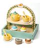 HAPPY HUES Wooden Tea Party Dessert Set for Girls  Pretend Play Toy with Cake, Tea, and Kitchen Accessories for Toddlers and Kids