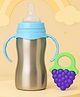 The Cheeky Kidzz Baby 2 in 1 Multi-functional Baby Stainless Steel Milk Juice Feeding Bottle Cum Sipper Bottle With Fruit Shape Silicone Grape Shape Teether Bpa Free (Purple) 240 ml