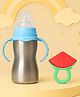 The Cheeky Kidzz Baby 2 in 1 Multi-functional Baby Stainless Steel Milk Juice Feeding Bottle Cum Sipper Bottle With Fruit Shape Silicone Strawberry Shape Teether Bpa Free (Red) 240 ml