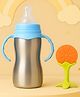 The Cheeky Kidzz Baby 2 in 1 Multi-functional Baby Stainless Steel Milk Juice Feeding Bottle Cum Sipper Bottle With Fruit Shape Silicone Orange Standing Shape Teether Bpa Free (Orange) 240 ml