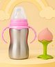 The Cheeky Kidzz Baby 2 in 1 Multi-functional Baby Stainless Steel Milk Juice Feeding Bottle Cum Sipper Bottle With Fruit Shape Silicone Peach Standing Shape Teether Bpa Free (Peach) 240 ml