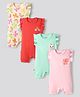 Bonfino 100% Cotton Knit Frill Sleeves Rainbow Printed Rompers With Patch Detailing Pack of 4 - Red Ivory Pink & Aqua