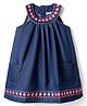 Babyhug Sleeveless Halter Neck Denim Frock With Floral Embroidery - Blue