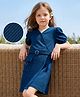 Hola Bonita Knit Half Puffed Sleeves Overlap Solid Dress With Pocket Detailing - Teal Blue