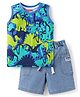 Babyhug Terry Knit Sleeveless Tank T-Shirt & Shorts Set Dino Print- Blue