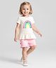 Bonfino Cotton Knit Half Sleeves T-Shirt & Shorts Set With Rainbow Embellishment & Frill  - Ivory & Pink