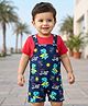 Babyhug Single Jersey Knit Beach Theme Printed Dungaree with Half Sleeves Inner Tee - Red & Navy Blue