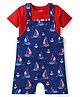 Babyhug Single Jersey Knit Half Sleeves T-Shirt & Dungaree with Nautical Theme &  Ahoy Days Text Print - Red & Navy Blue