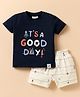 Ollypop Sinker Knit Half Sleeves T-Shirt & Shorts Set With Nautical Theme Print - Navy Blue