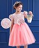 Mark & Mia Woven Half Flutter Sleeves Floral Glitter Printed Party Dress with Bow Applique & Pearl Embellishment - Pink