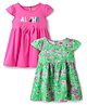 Babyhug Single Jersey Knit Half Cap Sleeves Anti Bacterial Floral Printed Frock with Bow Applique Pack of 2 - Dark Pink & Green