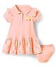 Doreme Single Jersey Knit Half Sleeves Heart Printed Peter Pan Collar Frock With Bloomer - Peach