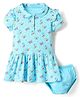 Doreme Single Jersey Knit Half Sleeves Peter Pan Collar Frock With Butterfly Print & Bloomer - Aqua Blue