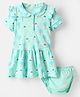 Doreme Single Jersey Knit Half Sleeves Peter Pan Collar Frock With Tree Print & Bloomer - Sea Green
