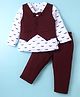 BUMZEE Interlock Knit Full Sleeves 3 Piece Party Suit with Moustache Print with Bow Attached - Maroon & White