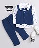 BUMZEE Interlock Knit Full Sleeves Boat Print 3 Piece Party Suit with Bow Attached - Navy Blue & White