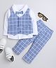BUMZEE Interlock Knit Full Sleeves Checks 3 Piece Party Suit with Bow Attached  - Sky Blue & White