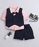 BUMZEE Interlock Knit Full Sleeves 3 Piece Party Suit With Attached Bow - Navy Blue & Peach