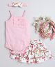 BUMZEE Interlock Knit Sleeveless Frill Detailed Onesie With Floral Printed Skirt & Headband - Pink & White