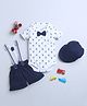 BUMZEE Interlock Knit Half Sleeves Anchor Printed Onesie & Shorts With Bow Applique Hat & Suspender - White & Navy Blue