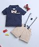 BUMZEE Interlock Knit Half Sleeves Printed Polo T-Shirt & Shorts Set With Bow Applique & Suspender - Navy Blue & Beige