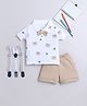 BUMZEE Cotton Woven Half Sleeves Animal Printed Polo T-Shirt & Shorts Set With Suspender - White & Brown