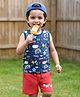 Babyhug Single Jersey Knit Sleeveless T-Shirt and Shorts Set with Rainbow & Smile Text Print - Navy Blue & Red