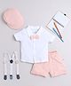 BUMZEE Cotton Woven Half Sleeves Solid Shirt & Striped Shorts Set With Bow Applique Suspender & Cap - Peach & White