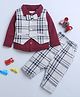 BUMZEE Interlock Knit Full Sleeves Checks 3 Piece Party Suit with Bow Attached - Maroon & Grey