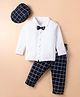 BUMZEE Interlock Knit Full Sleeves Shirt with Attached Bow & Pant Set With Suspender Cap with Checks - Navy Blue & White