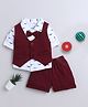 BUMZEE Cotton Woven Full Sleeves Moustache Printed 3 Piece Party Suit with Bow - Maroon & White