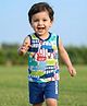 Babyhug Single Jersey Knit Sleeveless Tank T-Shirt & Shorts Set With Vehicles Print - White & Navy Blue