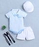 BUMZEE Cotton Half Sleeves Checked Onesie Shorts With Suspender Cap & Bow Set - Blue & White
