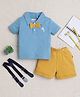 BUMZEE Cotton Half Sleeves Attached Bow Detailed Horse Embroidered Polo Tee With Shorts & Suspender Set - Blue & Mustard