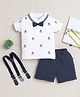 BUMZEE Cotton Half Sleeves Attached Bow Detailed Ship Printed Polo Tee With Shorts & Suspender Set - White & Navy Blue