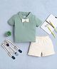 BUMZEE Cotton Half Sleeves Attached Bow Detailed Polo Tee With Shorts & Suspender Set - Green & Beige