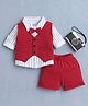 BUMZEE Cotton Full Sleeves Striped Bow Applique Detailed 3 Piece Party Suit Set - White & Red