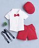 BUMZEE Cotton Half Sleeves Stars Printed Shirt Shorts With Suspender Bow & Cap Set - White & Red