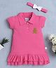 BUMZEE Cotton Half Sleeves Teddy Bear Embroidered Dress With Headband Set - Pink