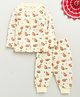 BUMZEE Cotton Knit Full Sleeves Cat & Hearts Printed Coordinating Night Suit Set - Cream