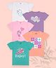 J&JP Cotton Pack Of 5 Half Sleeves Floral & Unicorn Printed Tees - Violet Grey Peach Pink & Green