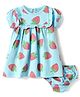 Doodle Poodle Cotton Knit Half Sleeves Frock With Strawberry Print & Bloomer - Light Blue
