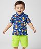 Babyhug Single Jersey Knit Half Sleeves Polo T-Shirt and Shorts Set With Animal Print - Blue & Limegreen