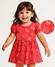 Doodle Poodle Single Jersey Knit Half Puffed Sleeves Frock with Shells Print & Bow Applique - Red