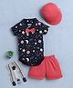 BUMZEE Cotton Knit Half Sleeves Space Theme Printed Onesie & Short Set with Suspender Bow & Hat - Navy Blue & Red