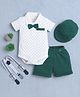 BUMZEE Cotton Knit Half Sleeves Stars Printed Onesie & Short Set with Suspender Bow & Hat - White & Green